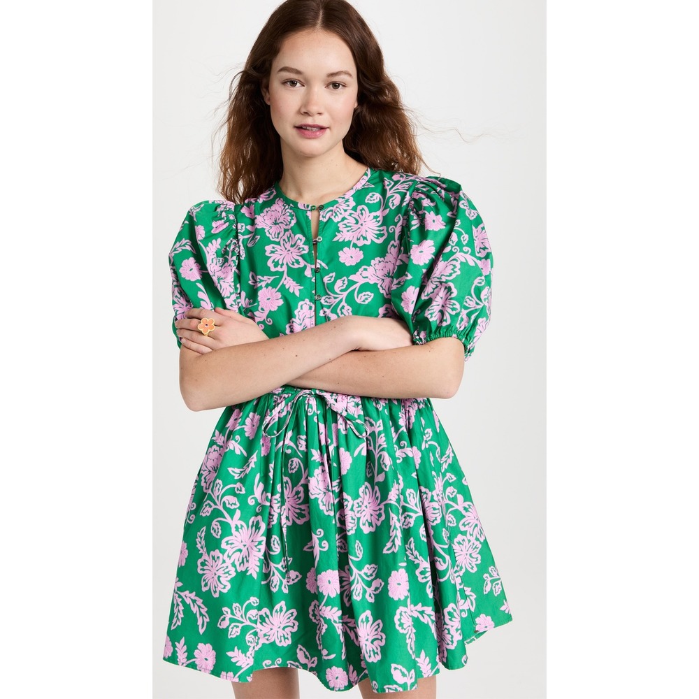 Xirena Aurie Mini Dress Large Green Pink Floral Cotton Puff Sleeve Cottage Boho
